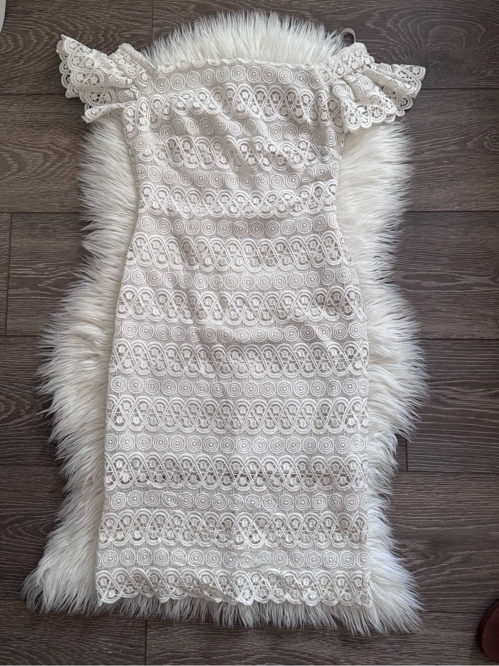 Bebe White Lace Off-the-Shoulder Ruffle Midi Dress